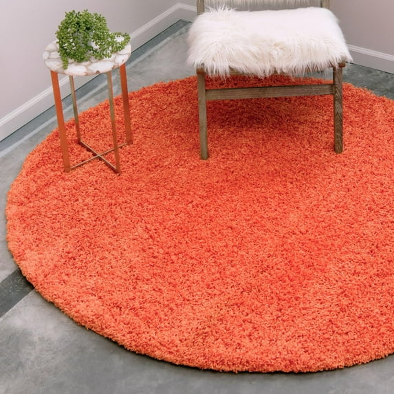 Unique Loom Solid Shag Collection Area Rug (6' 1" Round Tiger Orange)
