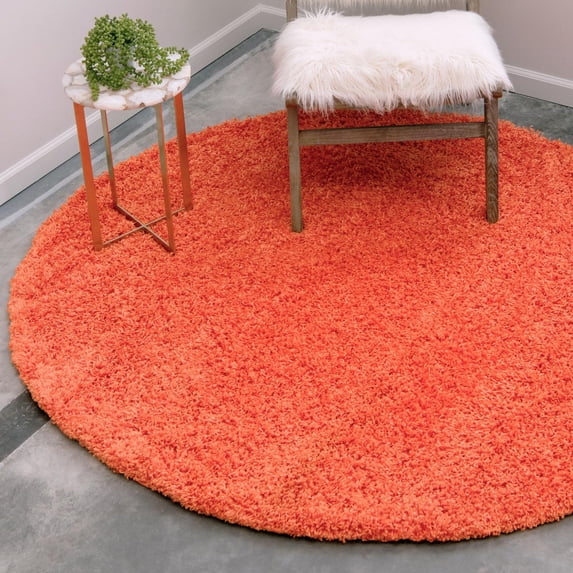 Unique Loom Solid Shag Collection Area Rug (7' 1" Round Tiger Orange)