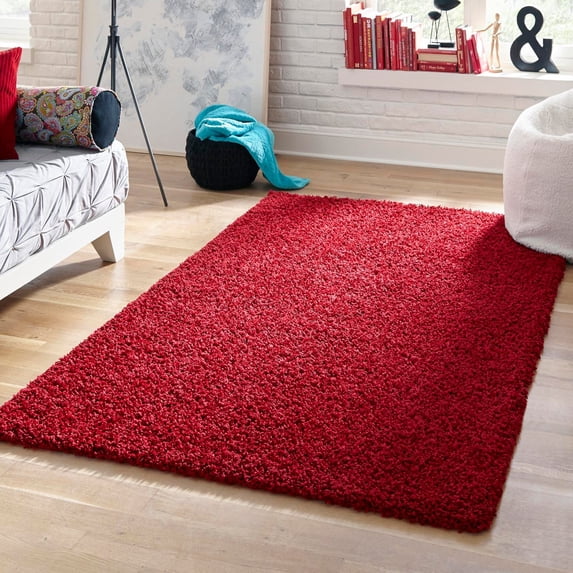 Unique Loom Solid Shag Collection Area Rug (7' 1" x 10' Rectangle Cherry Red)