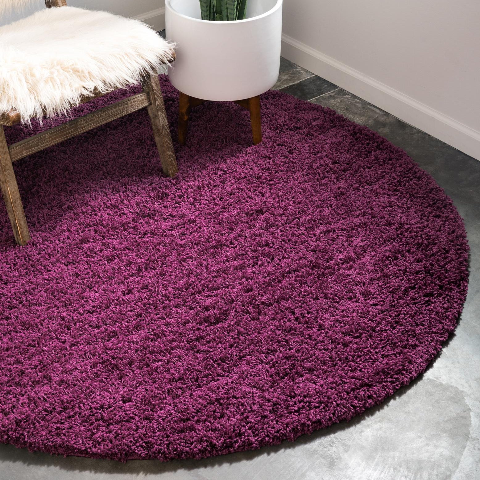 Unique Loom Solid Shag Collection Area Rug (8' Round Eggplant Purple ...