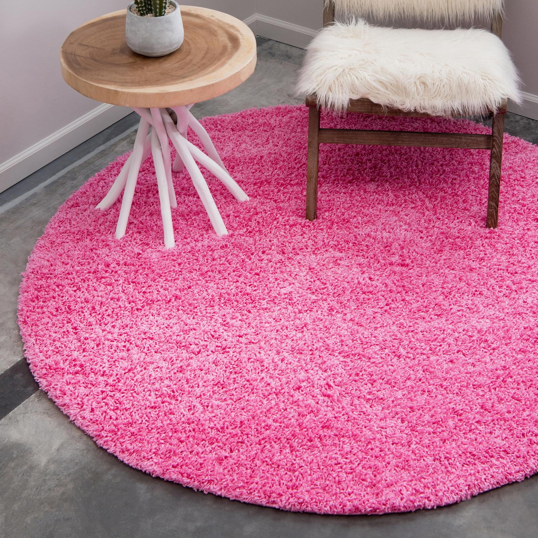 Round Pink Shag Washable Kids Area Rug