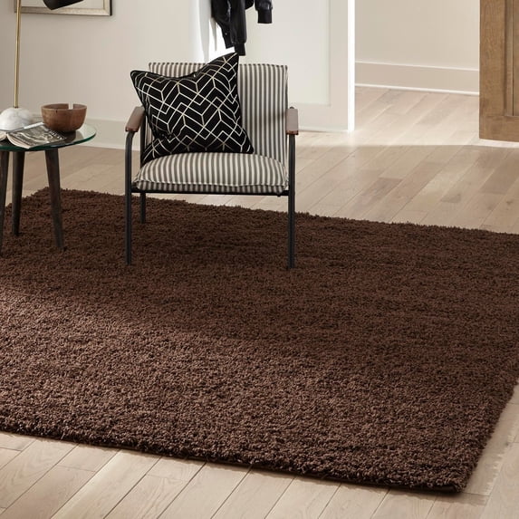 Unique Loom Solid Shag Collection Area Rug (7' 10" Square Chocolate Brown)