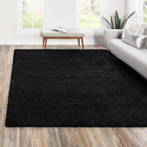 Unique Loom Solid Shag Collection Area Rug (7' 10" Square Jet Black)