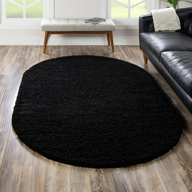 Unique Loom Solid Shag Collection Area Rug (8' x 10' Oval Jet Black)