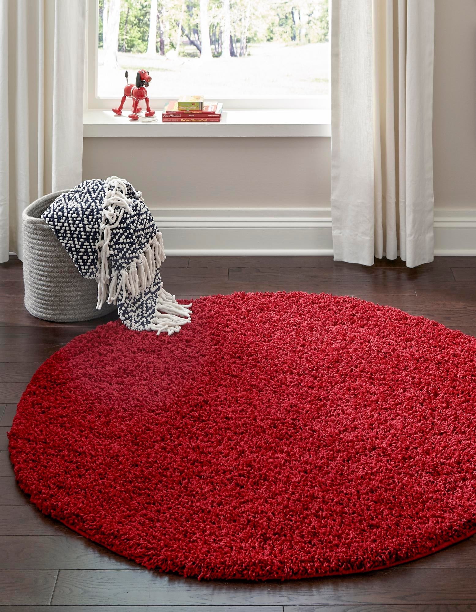 Cherry Red Round Shag Synthetic Indoor Area Rug
