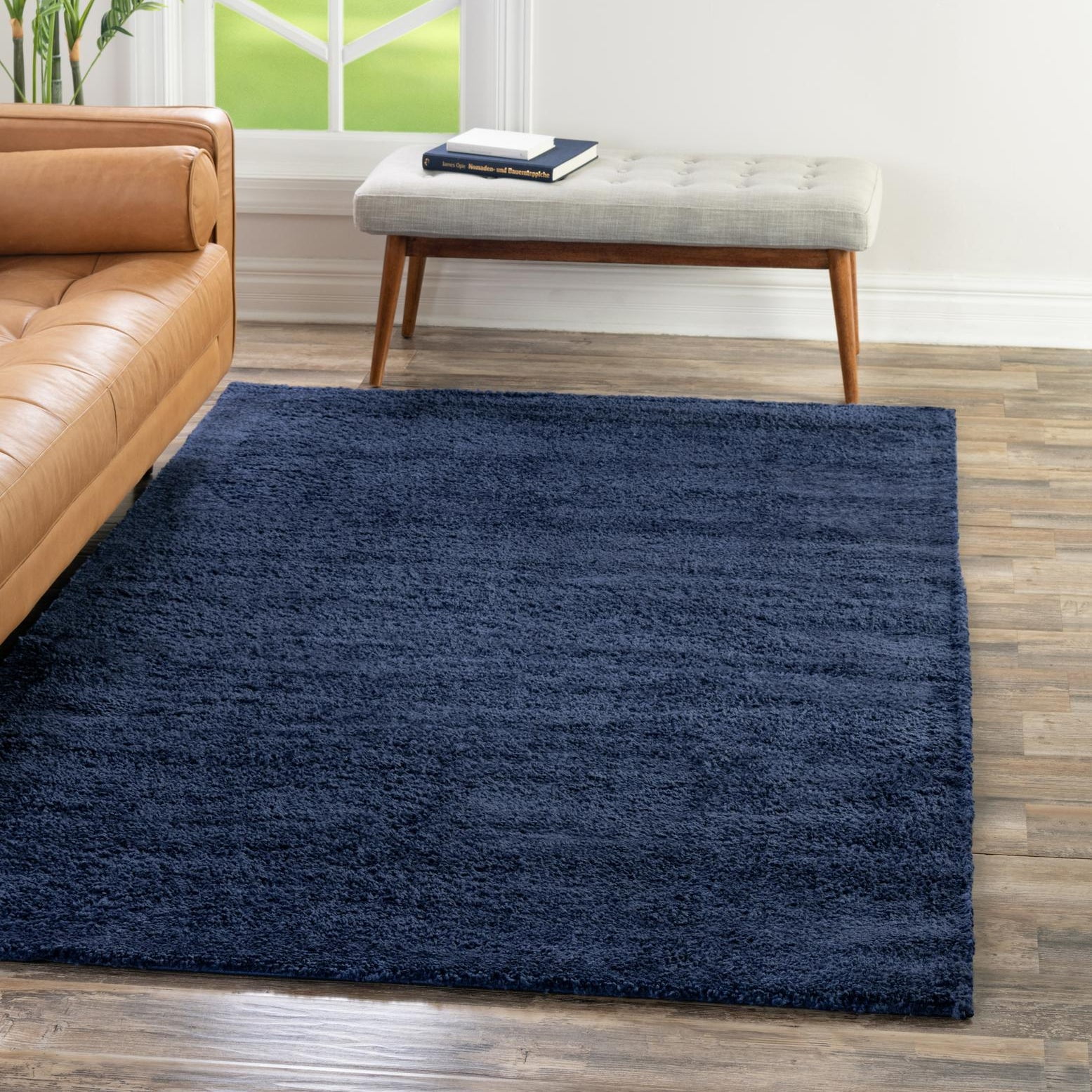Navy Blue Rectangular Stain-Resistant Synthetic Area Rug