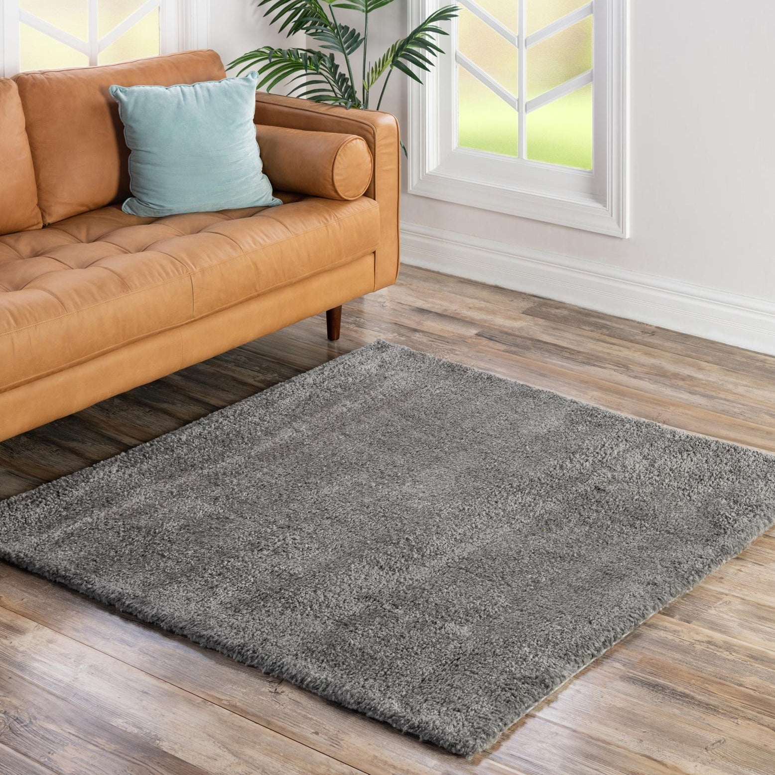 Gray Square Shag Synthetic Easy Care Rug