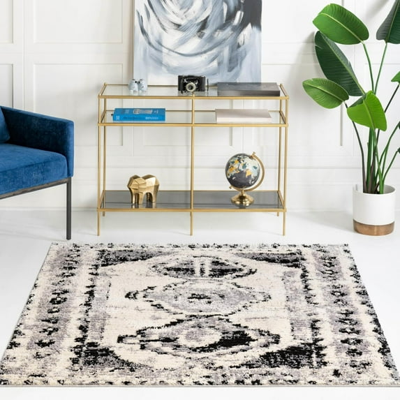 Unique Loom Tagine Collection Area Rug - Soraya (7' 10" Square Black and White/Gray)