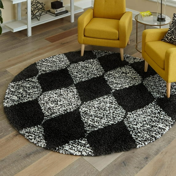 Unique Loom Serenity Shag Collection Area Rug - Soufriere (10' Round Black and White)