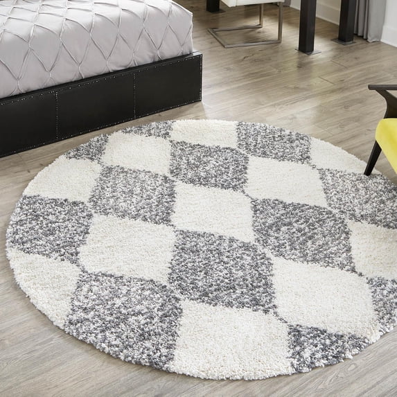 Unique Loom Serenity Shag Collection Area Rug - Soufriere (3' 3" Round White/Gray)