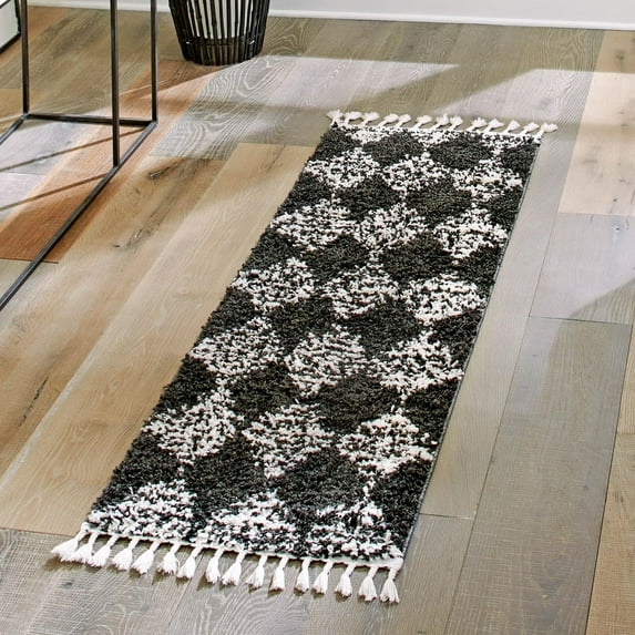 Unique Loom Serenity Shag Collection Area Rug - Soufriere (2' 7" x 12' Runner Black and White)