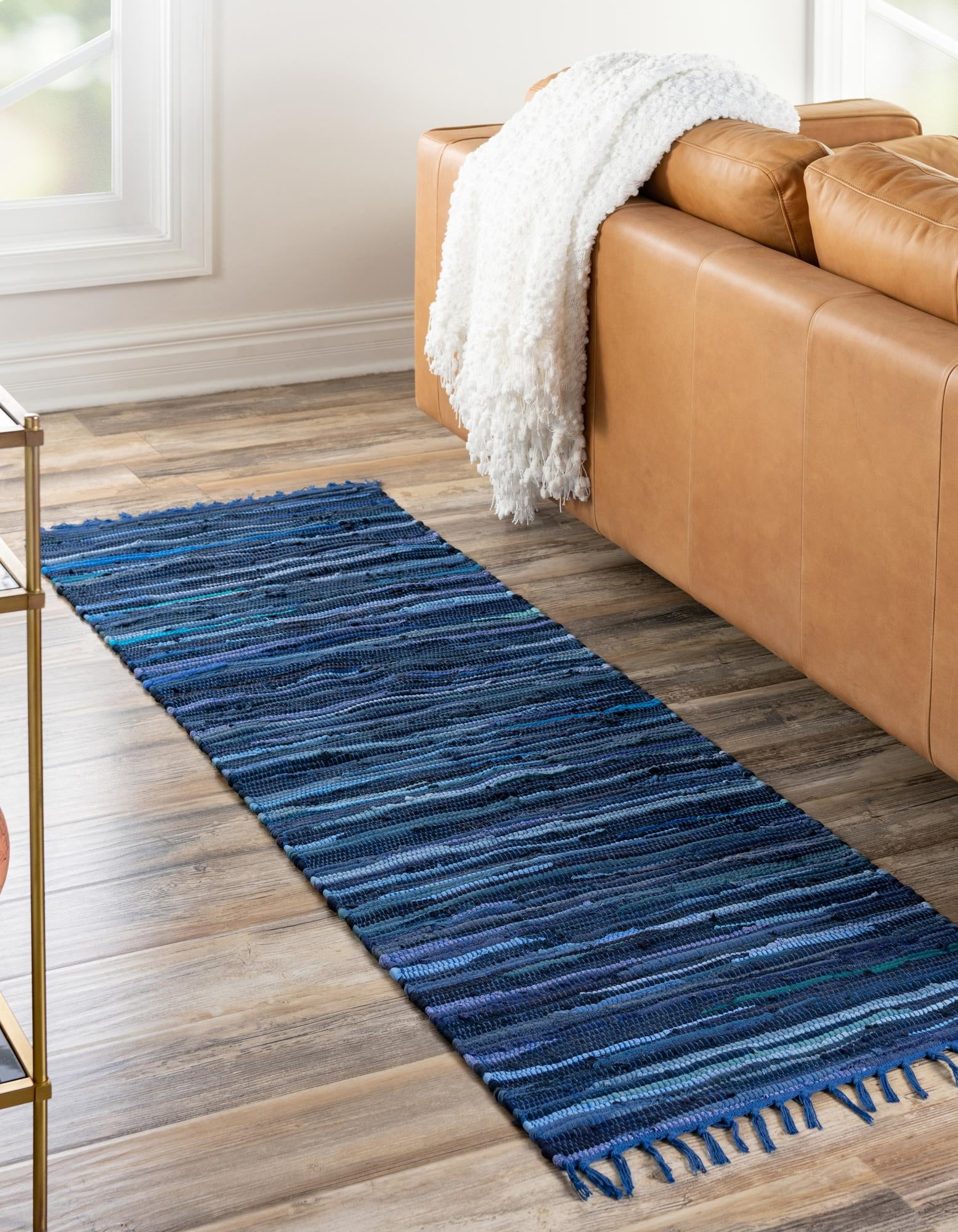Handmade Navy Blue Stripe Indoor Runner Rug with Easy Care