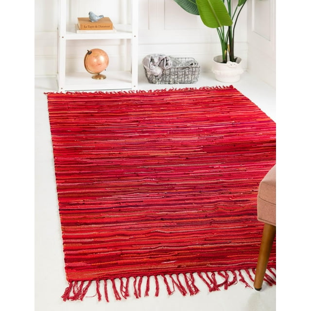 Unique Loom Striped Chindi Cotton Rug Red/Burgundy 8' x 10' Rectangle Hand Made Geometric Modern Perfect For Living Room Bed Room Dining Room Office