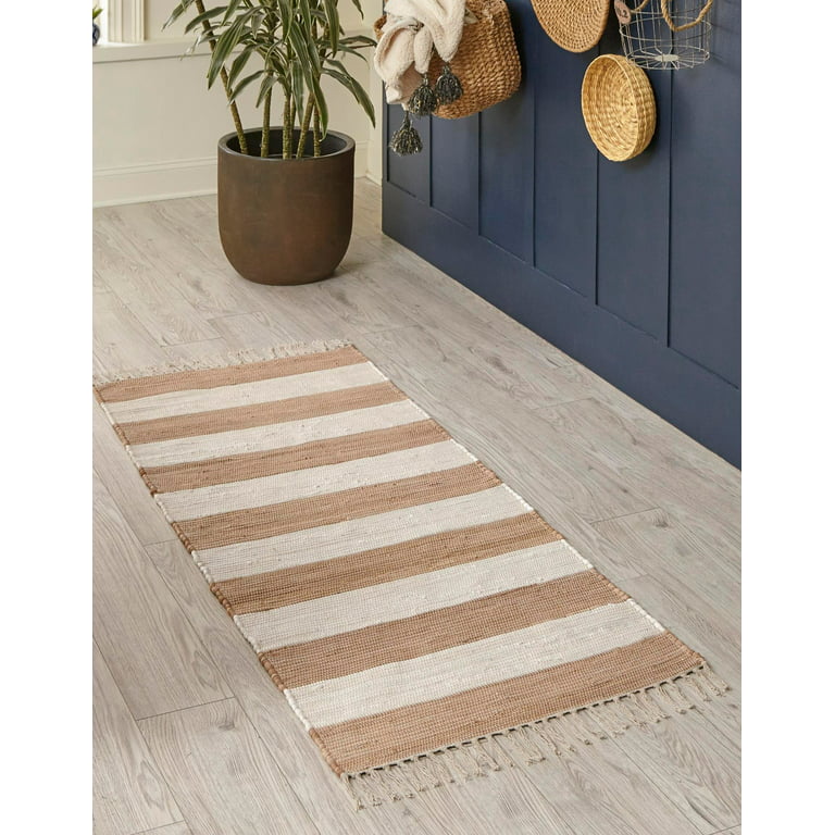 Unique Loom Striped Chindi Rag Rug Beige Ivory 2 X 8 Runner Hand Made Modern Perfect For Bathroom Hallway Mud Room Laundry Com