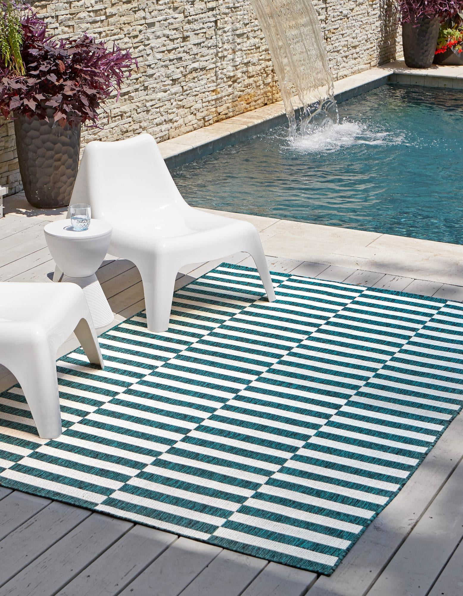 Teal and Ivory Stripe Easy-Care Outdoor Rug 5'1" x 8' Rectangular Synthetic