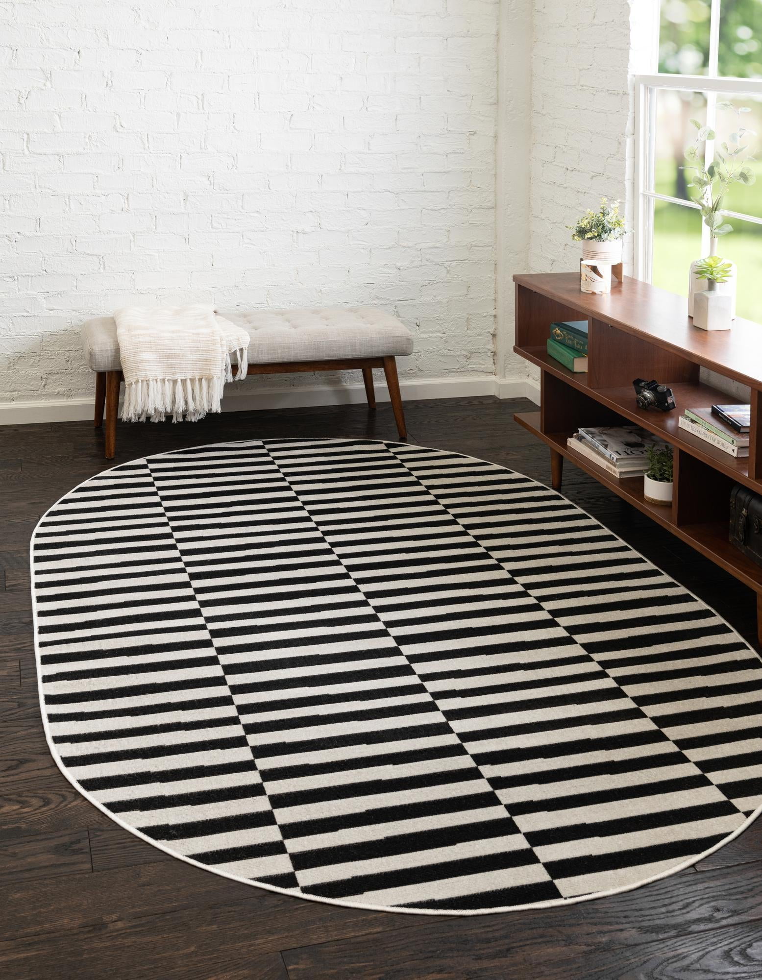 Unique Loom Striped Williamsburg Rug Black/Ivory 3' 3" x 5' 3" Oval Hand Made Striped Mid