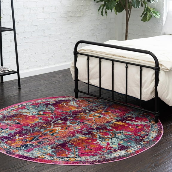 Unique Loom Budapest Collection Area Rug - Szechenyi (5' 1" Round Fuchsia/Gold)