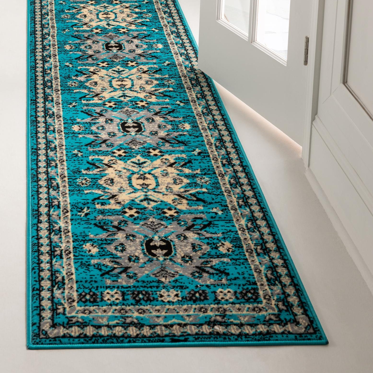 Turquoise and Black Synthetic Runner Rug with Tribal Design