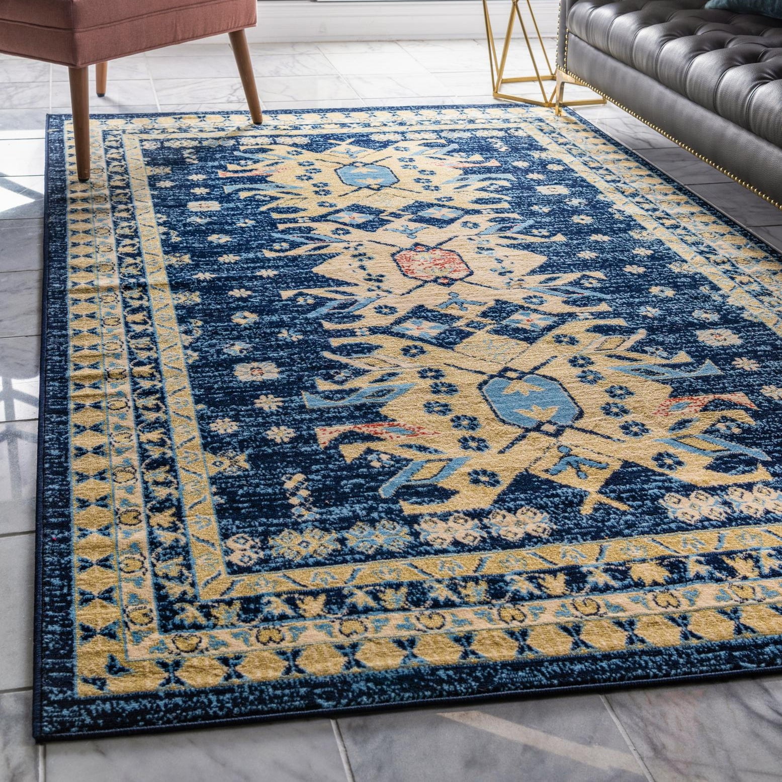 Navy Blue Rectangular Stain-Resistant Synthetic Area Rug