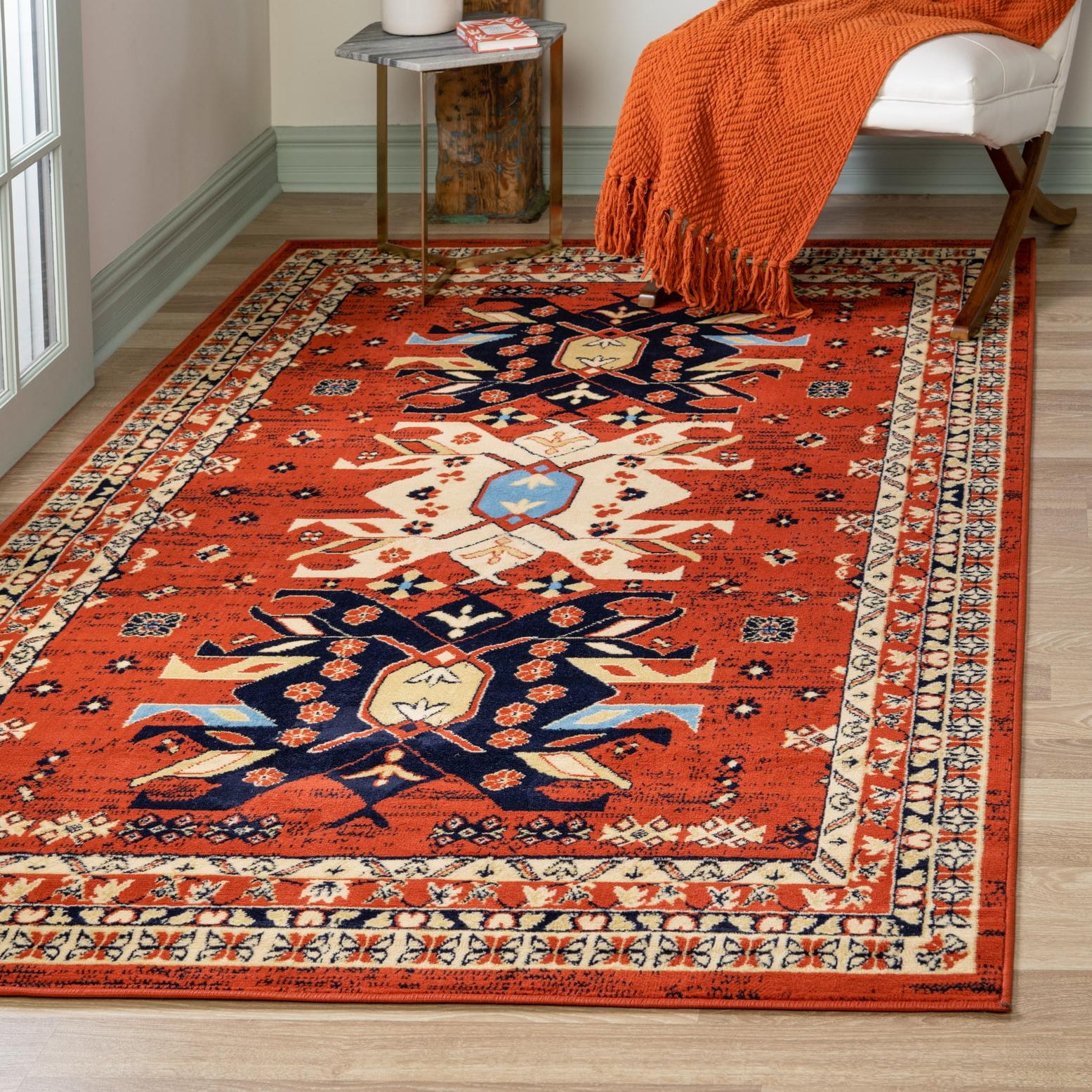 Terracotta and Cream Rectangular Synthetic Stain-Resistant Rug