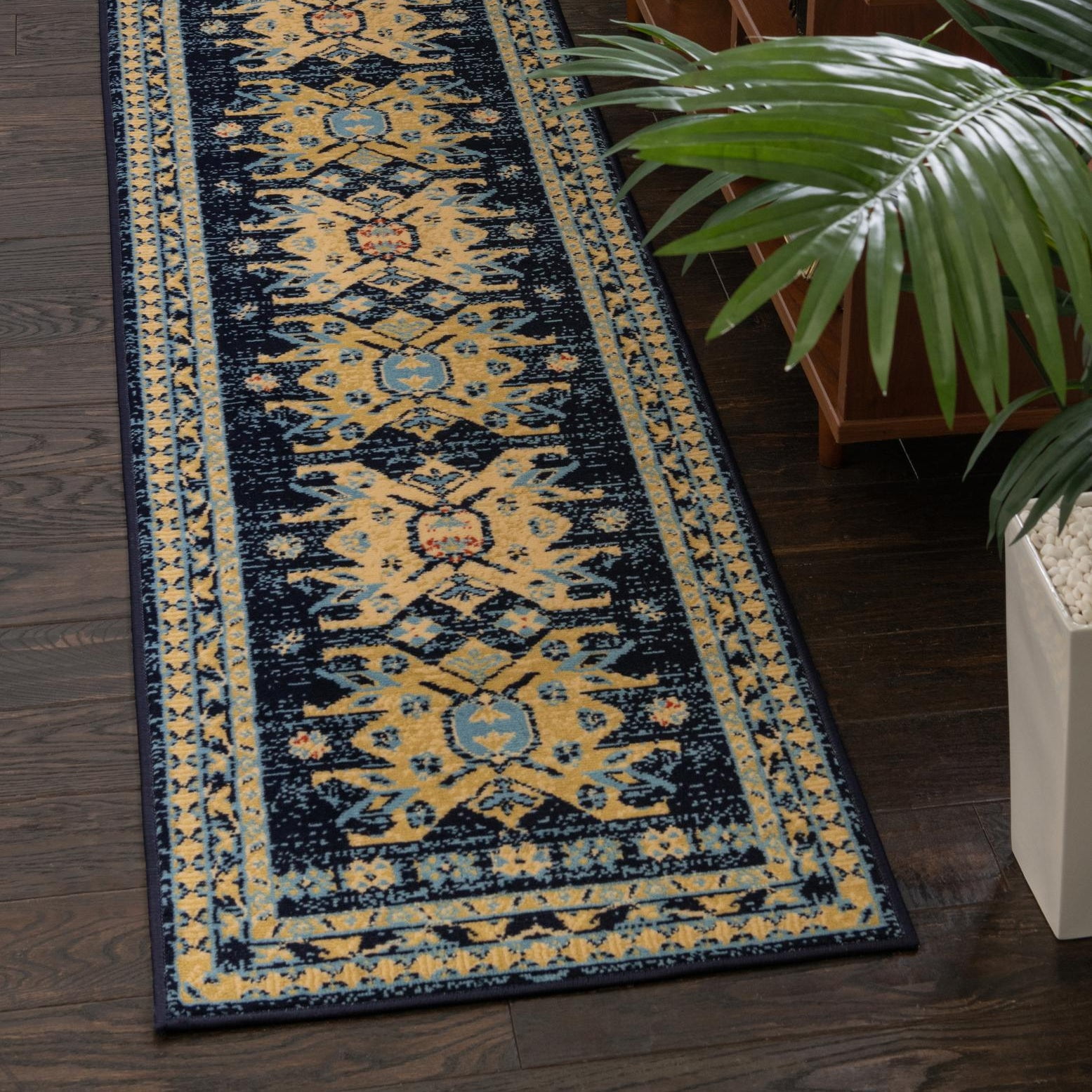 Navy Blue and Gold Synthetic Bohemian Runner Rug
