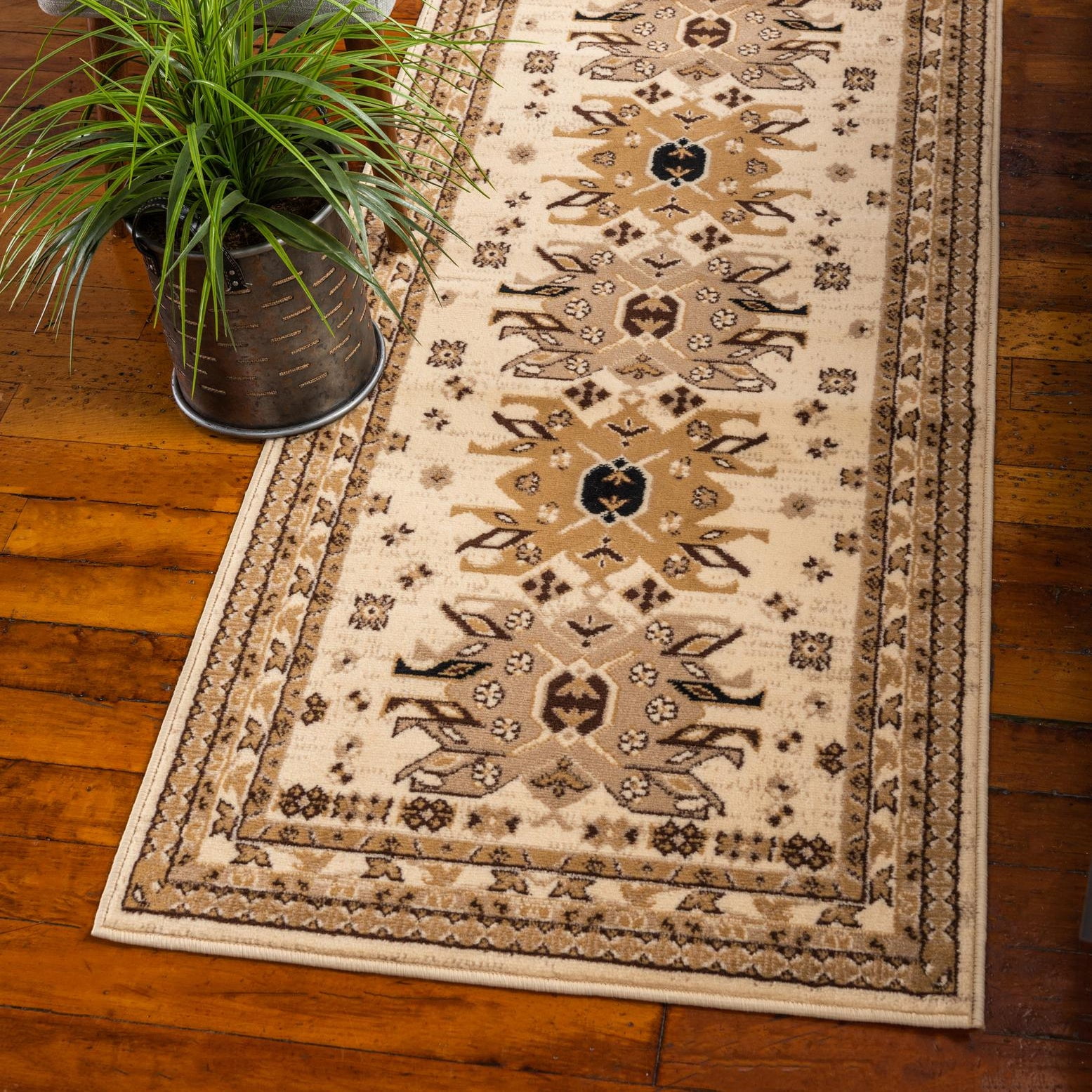 Ivory and Tan Synthetic Tribal Runner Rug 2' 11" x 16' 5"