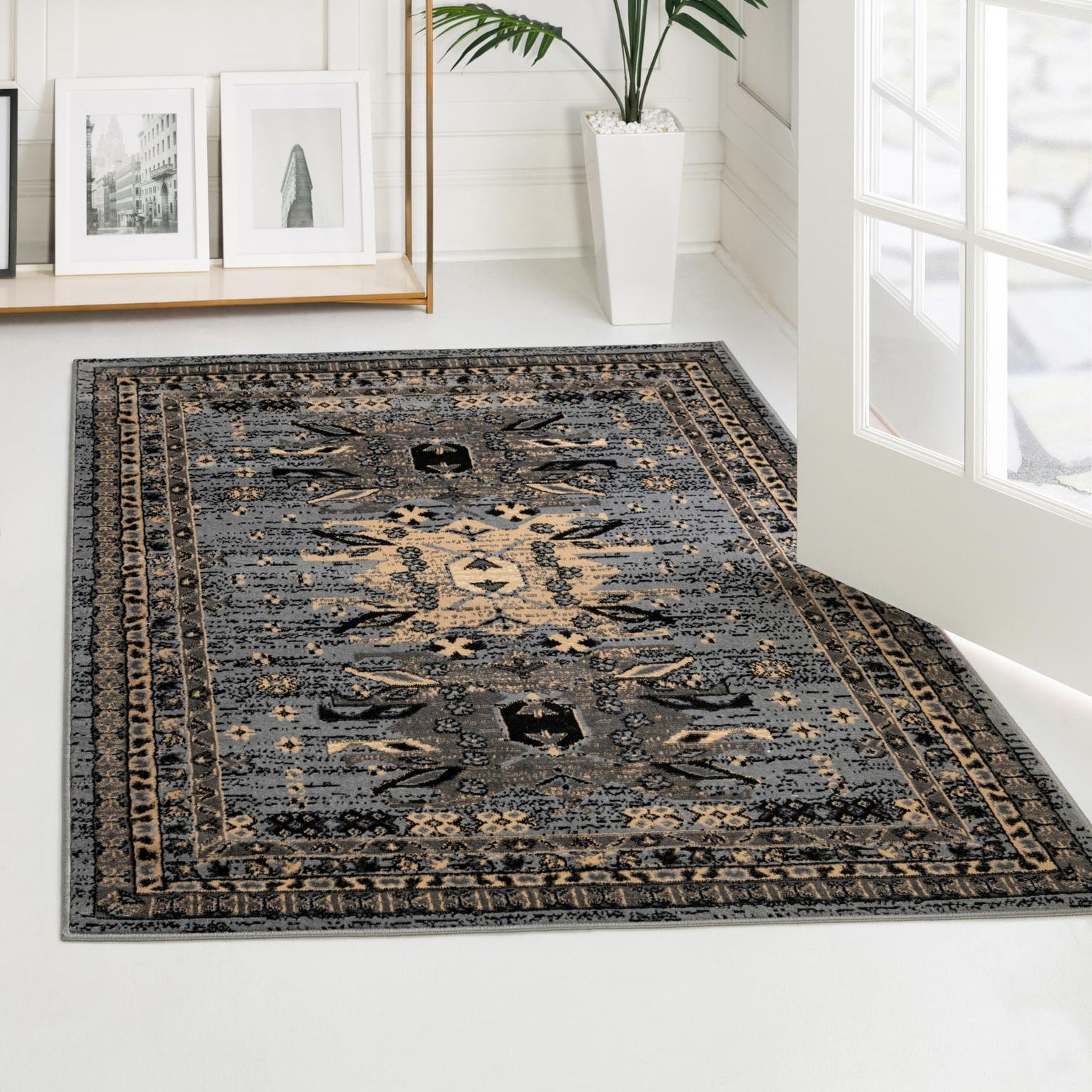 Gray and Black Rectangular Stain-Resistant Synthetic Rug, 4' x 6'