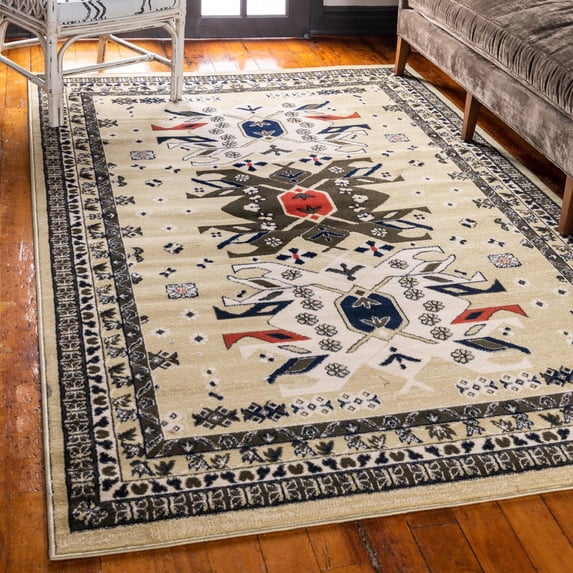 Unique Loom Taftan Collection Area Rug - Oasis (6' 1" x 9' Rectangle Cream/Light Blue)