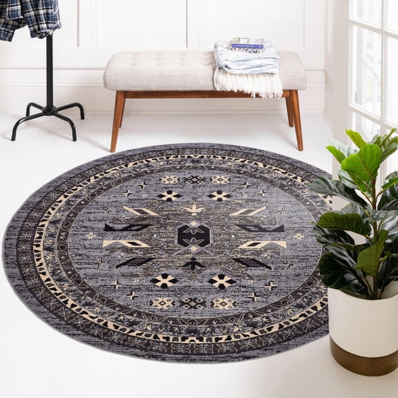 Unique Loom Taftan Collection Area Rug - Oasis (7' 10" Round Gray/Cream)