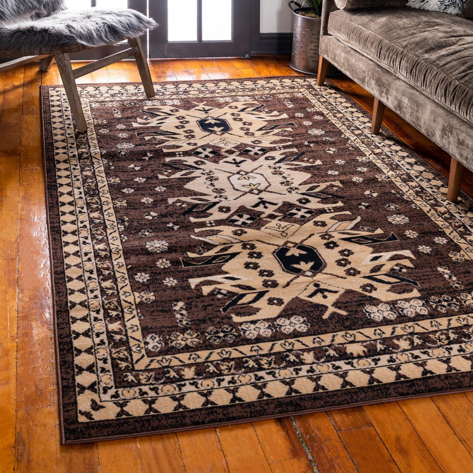 Brown and Beige Geometric Tribal 9' x 12' Synthetic Area Rug