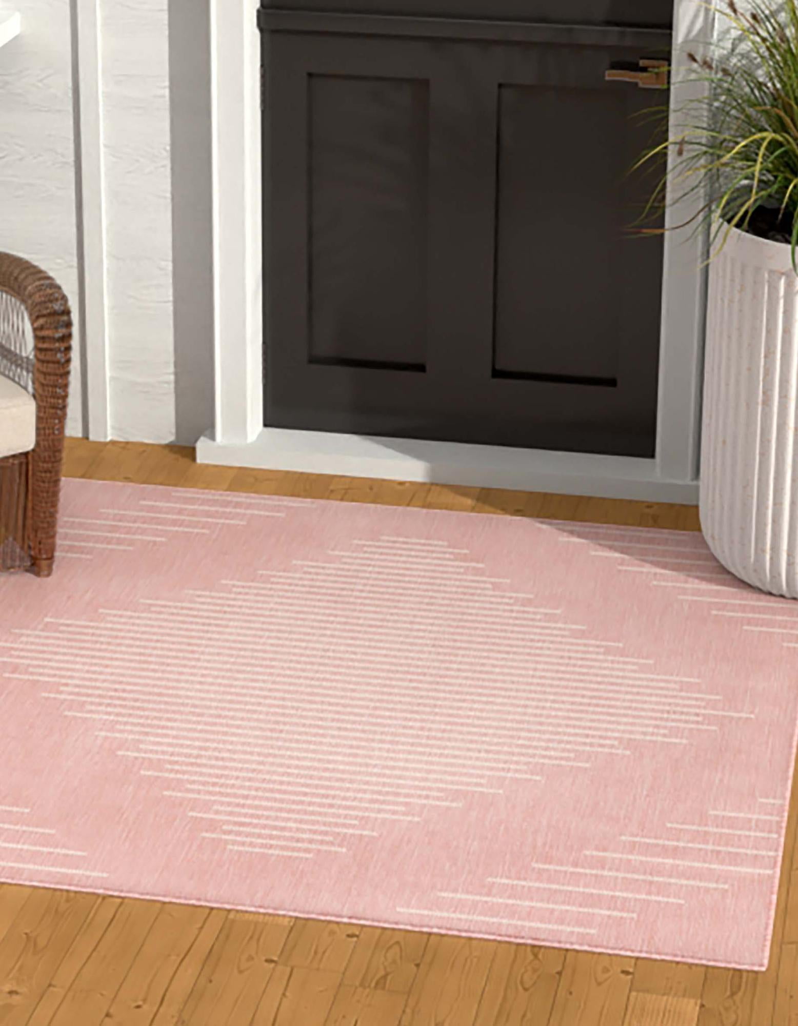 Pink and Ivory Square Outdoor Synthetic Area Rug