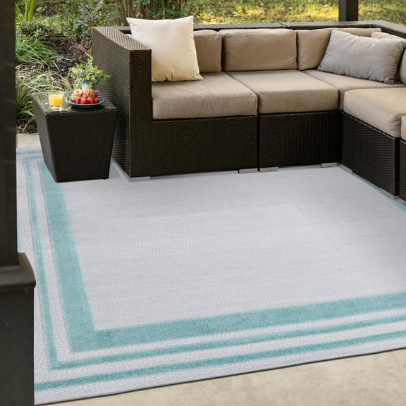 Unique Loom Aruba Outdoor Collection Area Rug - Tanki (5' 3" Square Gray Teal)