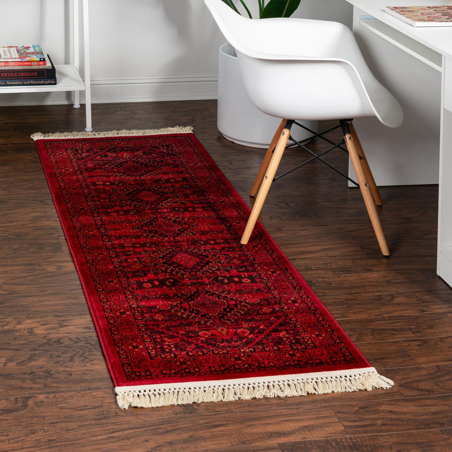 Red and Black Synthetic Stain-Resistant Runner Rug
