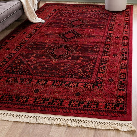 Unique Loom Tekke Collection Area Rug - Sheibani (4' 1" x 6' 1" Rectangle Red/Black)
