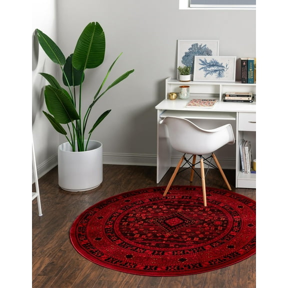 Unique Loom Tekke Collection Area Rug - Sheibani (5' 3" Round Red/Black)