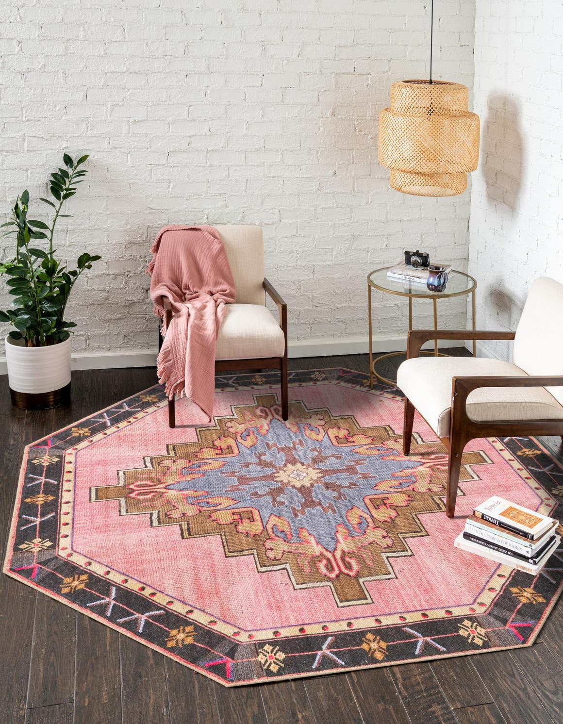 Pink and Blue Octagon Chenille Flat Woven Area Rug