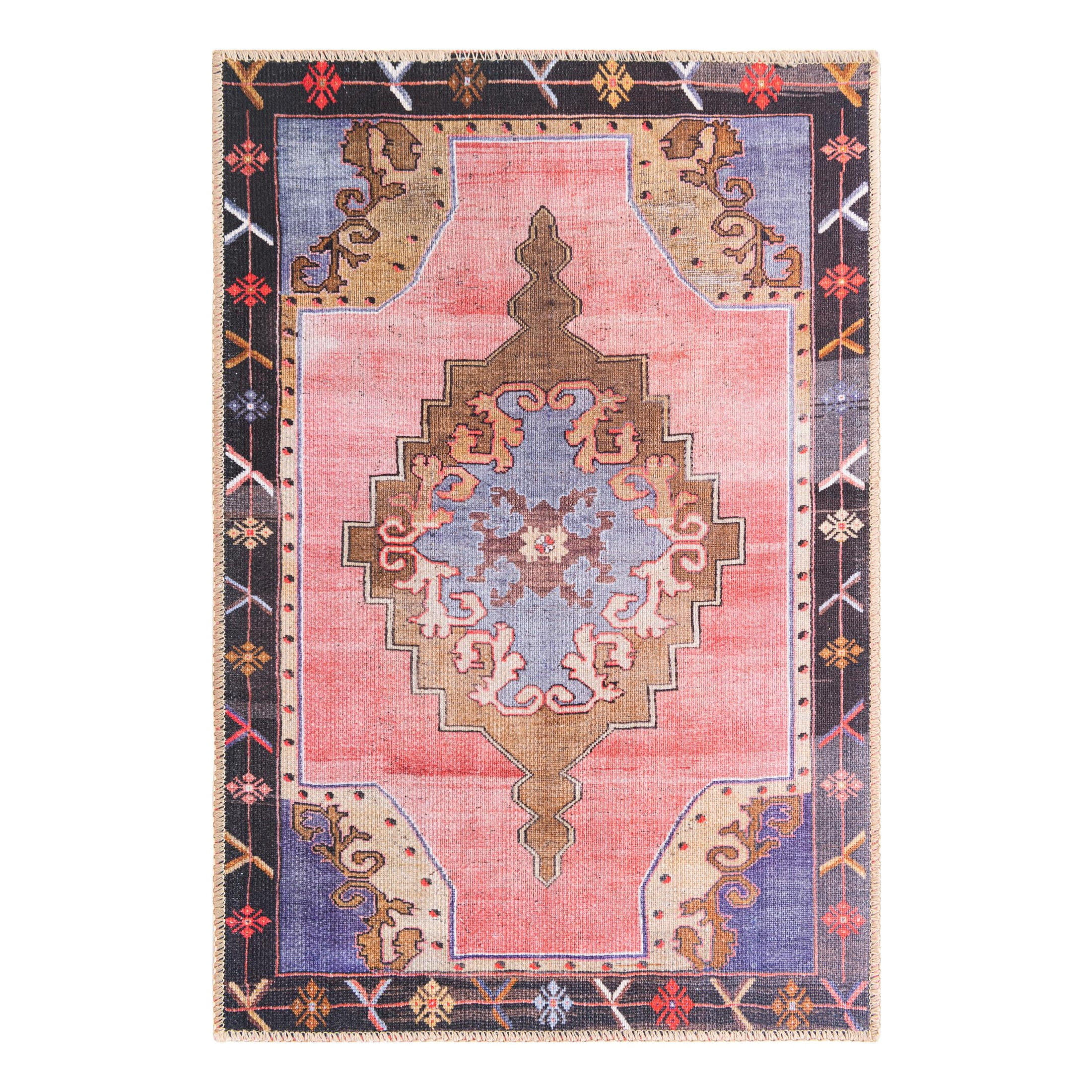 Pink and Brown Rectangular Chenille Easy Care Rug