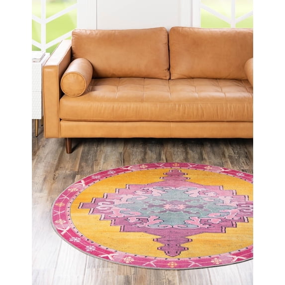 Unique Loom Timeless Collection Area Rug - Thomas (5' Round Yellow/Fuchsia)