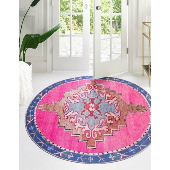 Unique Loom Timeless Collection Area Rug - Thomas (7' 10" Round Fuchsia/Blue)