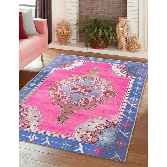 Unique Loom Timeless Collection Area Rug - Thomas (4' x 6' Rectangle Fuchsia/Blue)