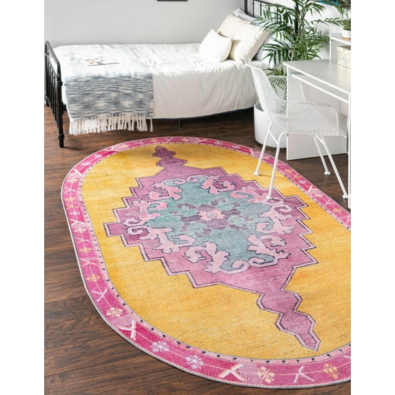 Unique Loom Timeless Collection Area Rug - Thomas (2' x 3' 1" Oval Yellow/Fuchsia)