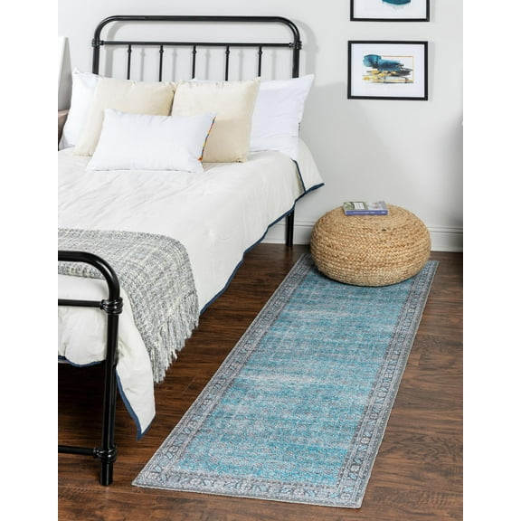2.5' x 12' Blue and Black Floral Border Rectangular Rug Runner