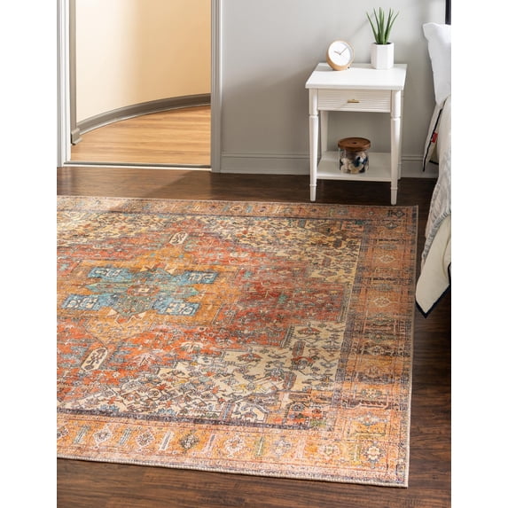 Unique Loom Timeless Collection Area Rug - Peter (7' 6" Square Rust Red/Blue)