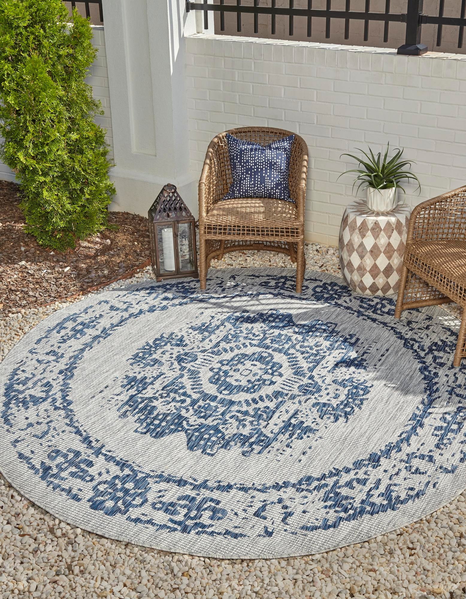 Azure Blue Round Stain-Resistant Outdoor Area Rug