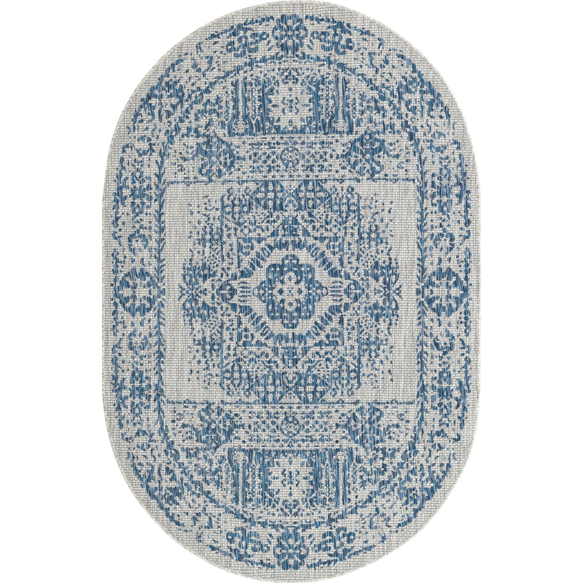 Blue Oval Synthetic Outdoor Traditional Rug