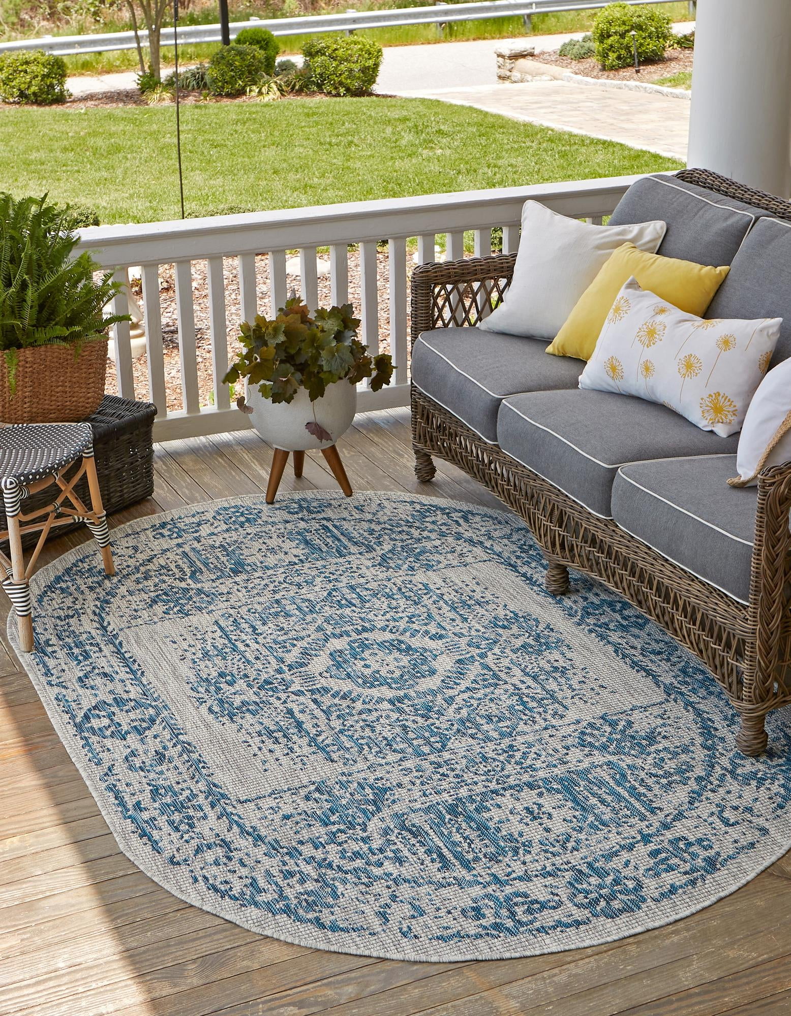 Blue Oval Synthetic Outdoor Traditional Rug
