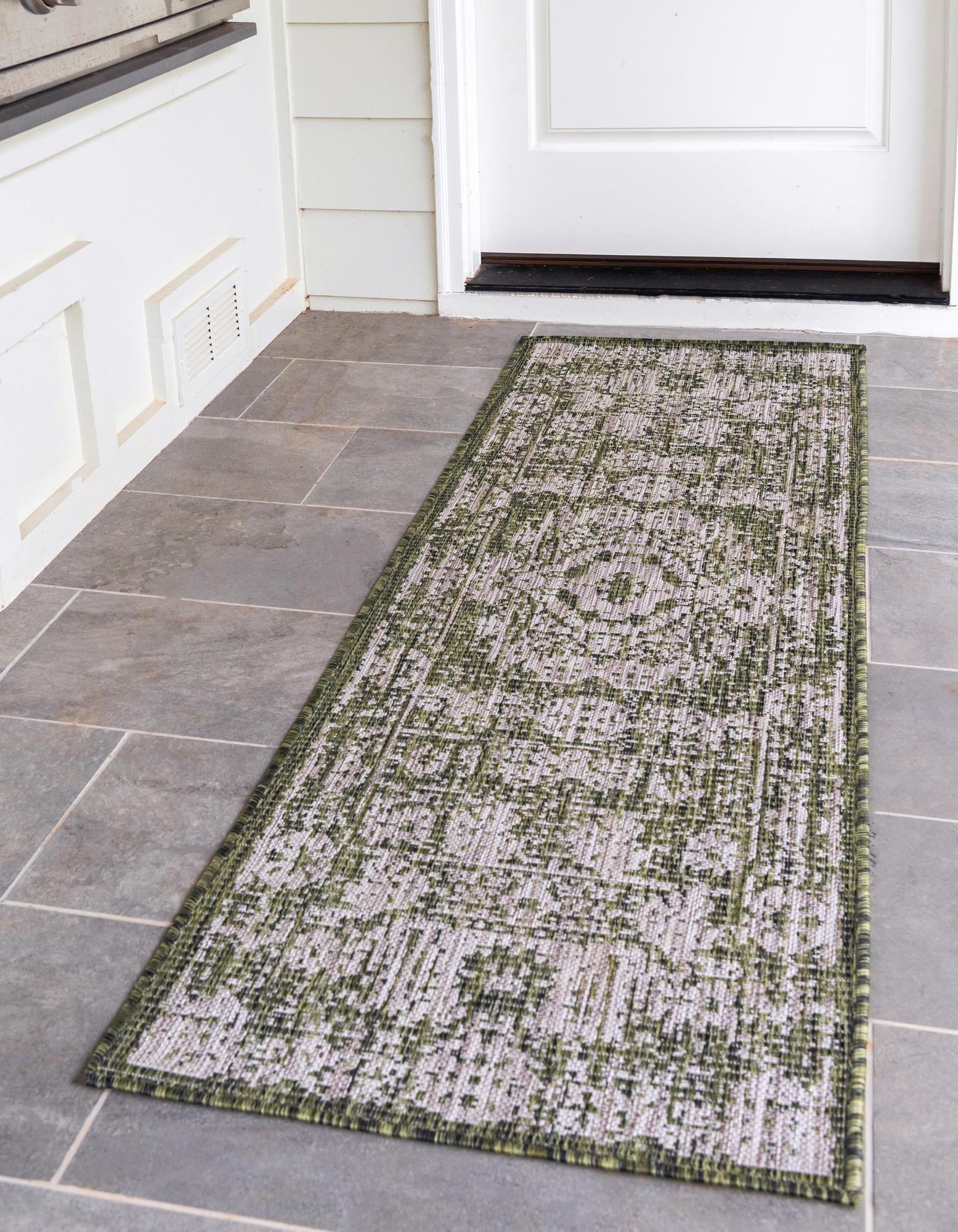 Green and Ivory Flat Woven Outdoor Runner Rug