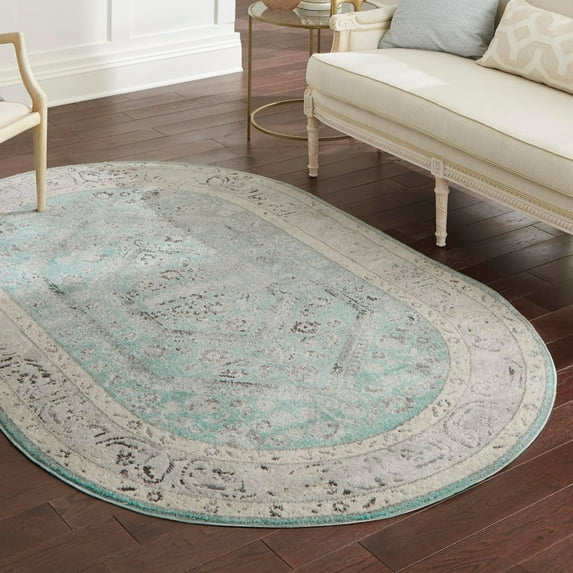 Unique Loom Aurelia Collection Area Rug - Trajan (7' 10" x 10' Oval Aqua/Ivory)