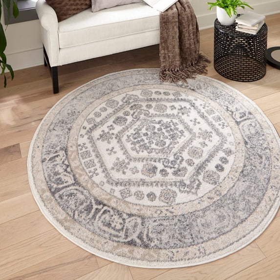Unique Loom Aurelia Collection Area Rug - Trajan (7' Round Ivory/Gray)