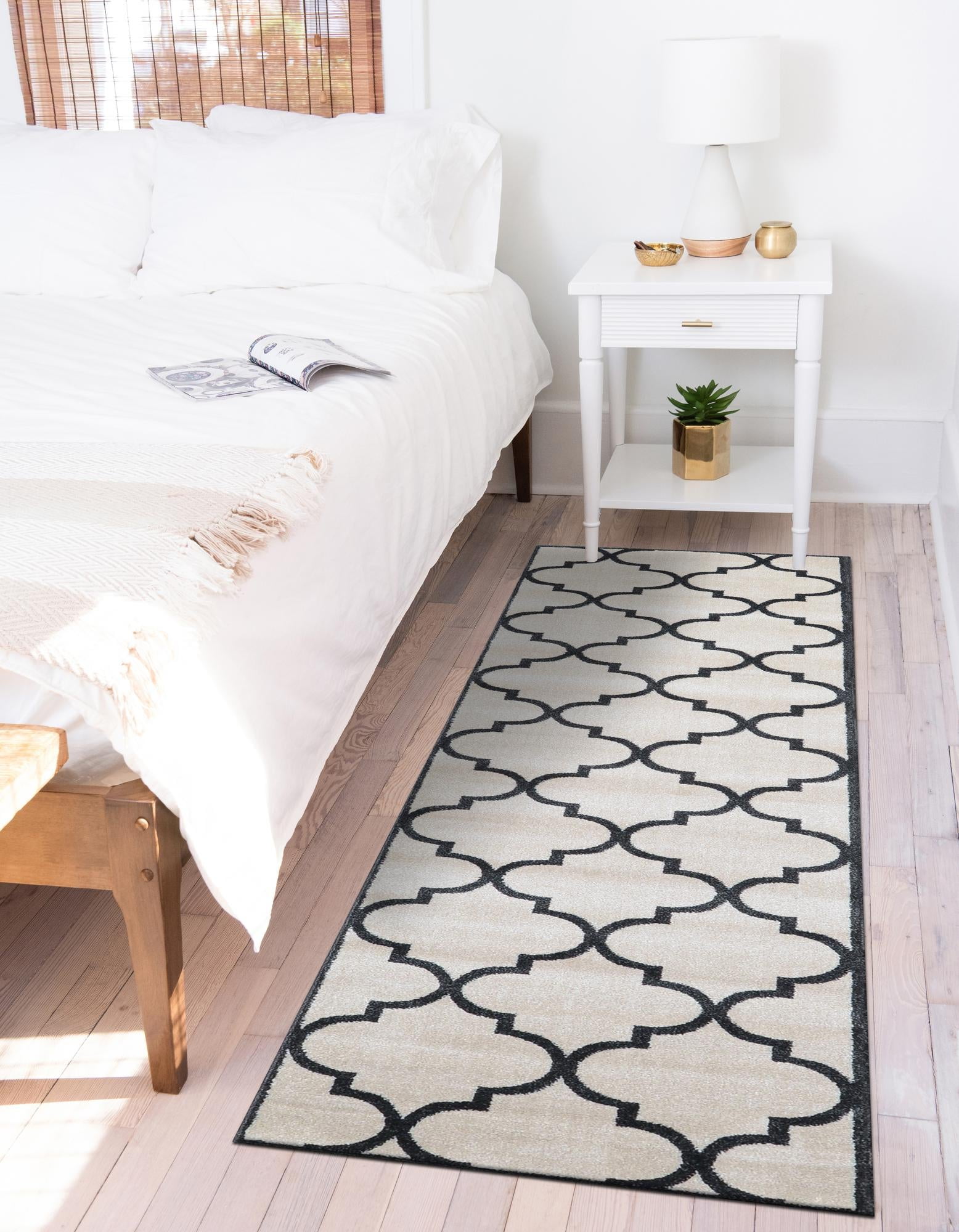 Beige and Black Synthetic Trellis Runner Rug